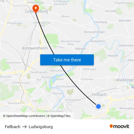 Fellbach to Ludwigsburg map