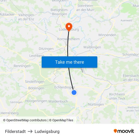Filderstadt to Ludwigsburg map