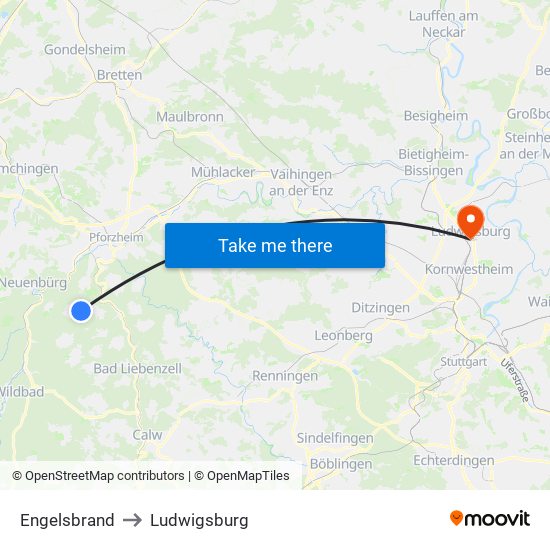 Engelsbrand to Ludwigsburg map