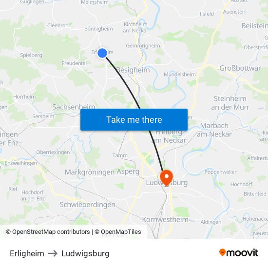 Erligheim to Ludwigsburg map