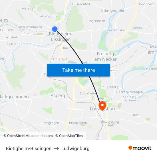 Bietigheim-Bissingen to Ludwigsburg map