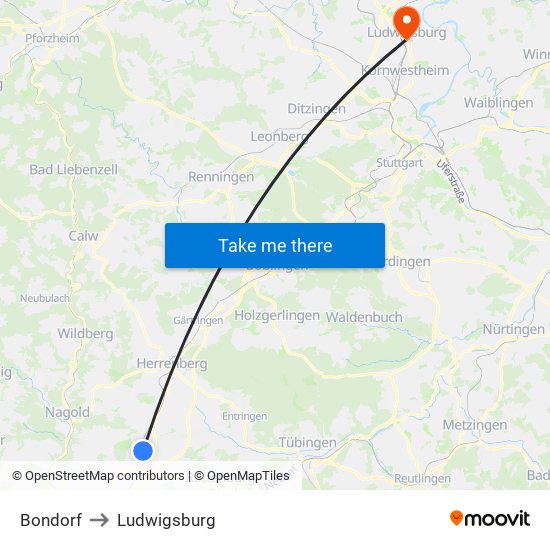 Bondorf to Ludwigsburg map
