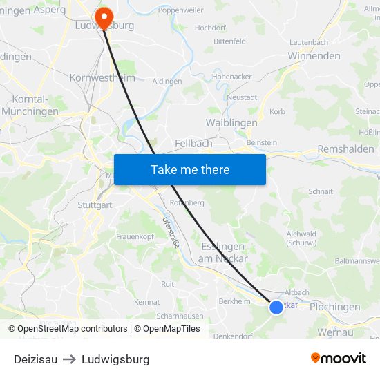 Deizisau to Ludwigsburg map