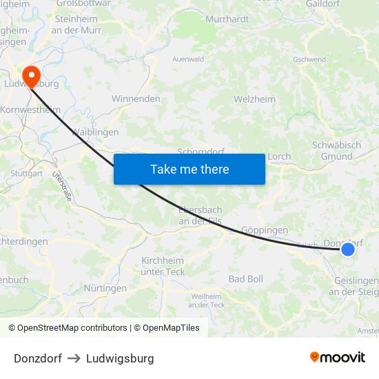 Donzdorf to Ludwigsburg map