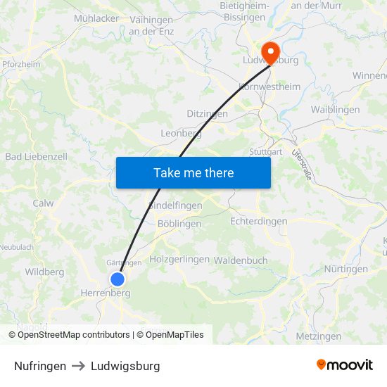 Nufringen to Ludwigsburg map