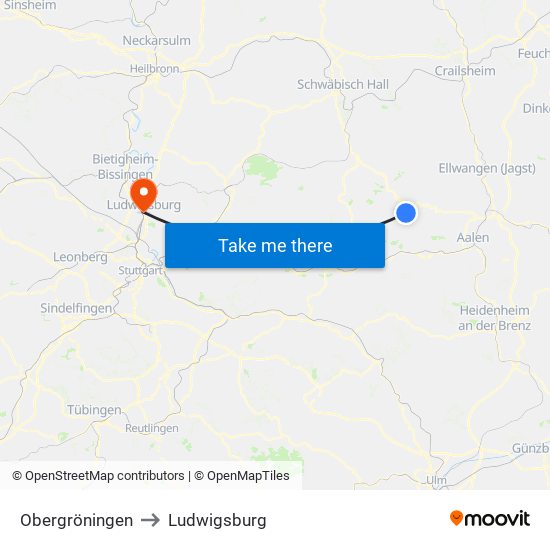Obergröningen to Ludwigsburg map