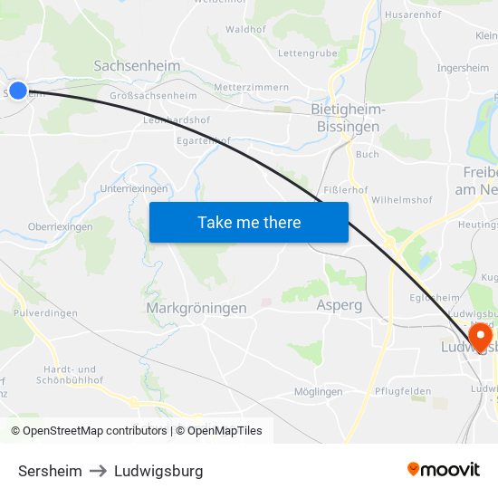 Sersheim to Ludwigsburg map