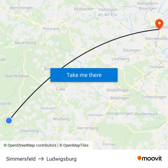 Simmersfeld to Ludwigsburg map