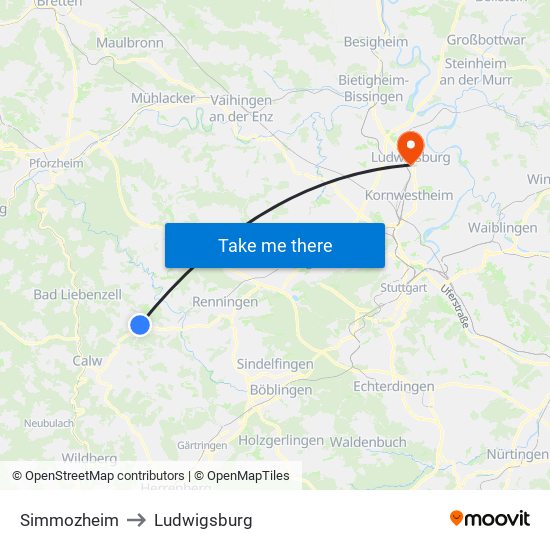 Simmozheim to Ludwigsburg map