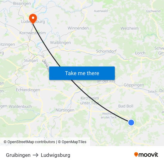 Gruibingen to Ludwigsburg map