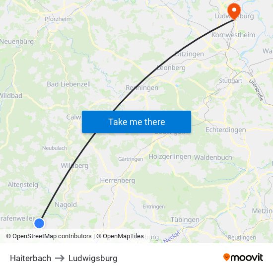 Haiterbach to Ludwigsburg map