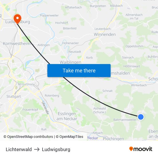 Lichtenwald to Ludwigsburg map