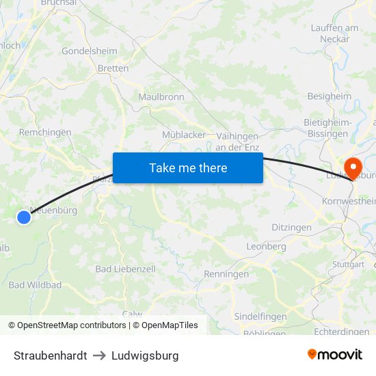 Straubenhardt to Ludwigsburg map