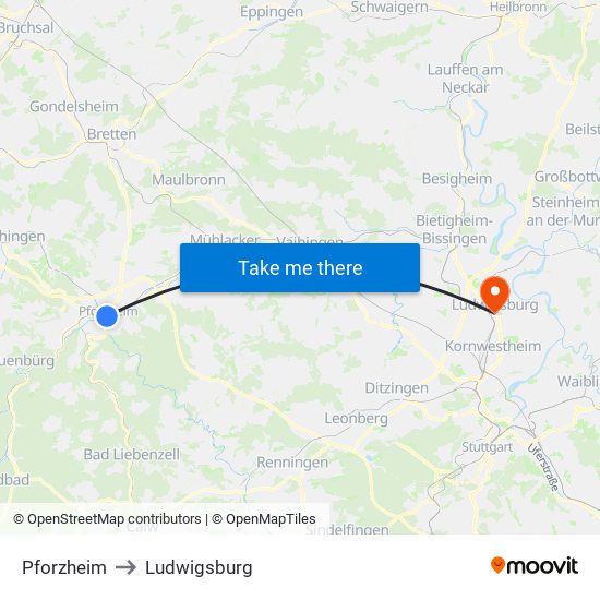 Pforzheim to Ludwigsburg map