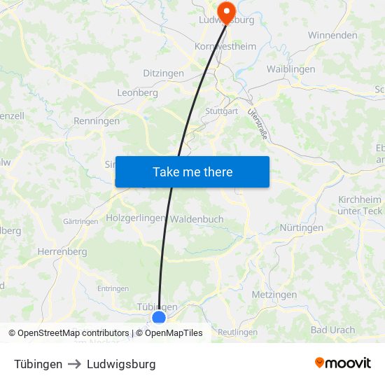 Tübingen to Ludwigsburg map