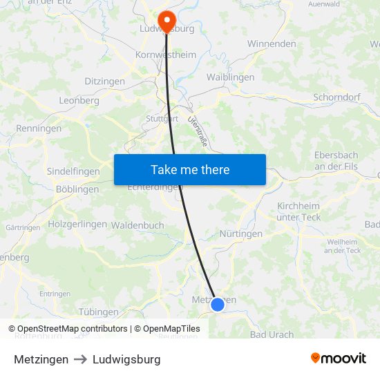 Metzingen to Ludwigsburg map
