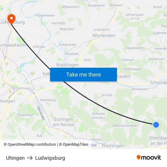 Uhingen to Ludwigsburg map