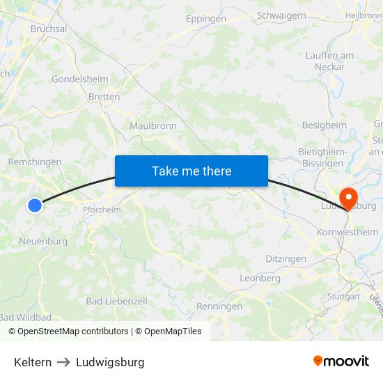 Keltern to Ludwigsburg map