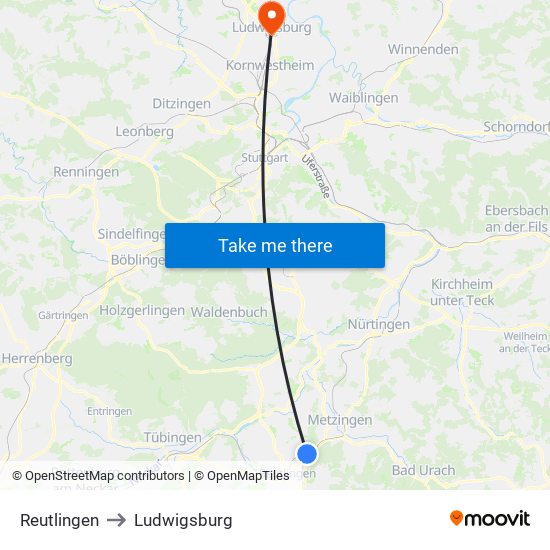 Reutlingen to Ludwigsburg map