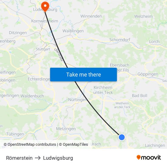 Römerstein to Ludwigsburg map
