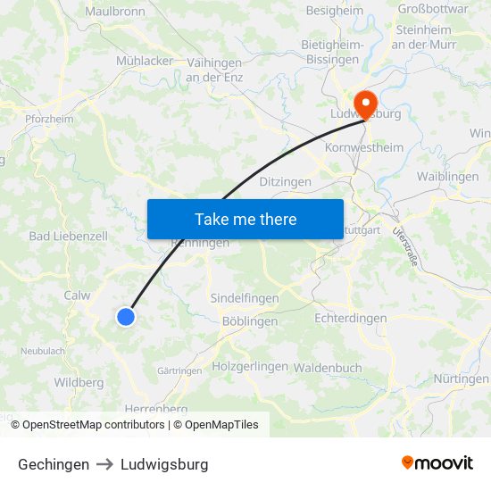 Gechingen to Ludwigsburg map