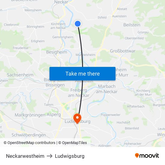 Neckarwestheim to Ludwigsburg map