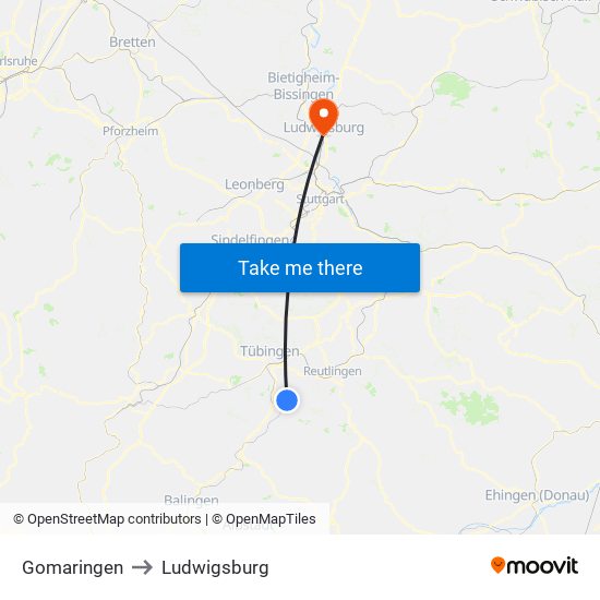 Gomaringen to Ludwigsburg map