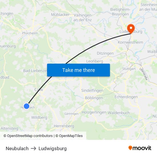 Neubulach to Ludwigsburg map