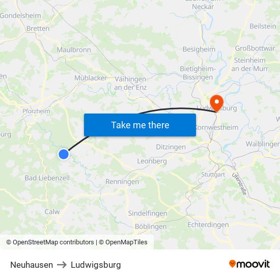 Neuhausen to Ludwigsburg map