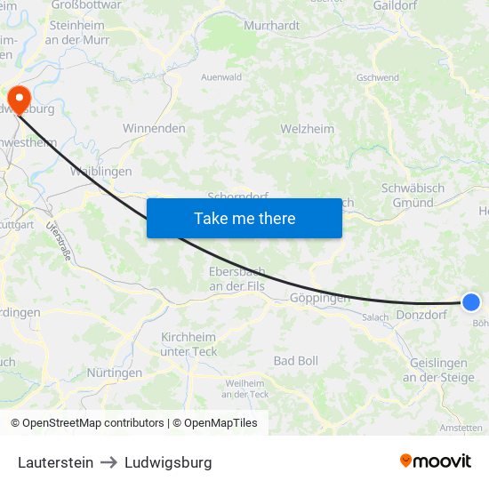 Lauterstein to Ludwigsburg map