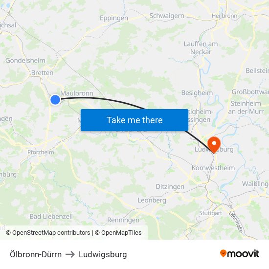 Ölbronn-Dürrn to Ludwigsburg map