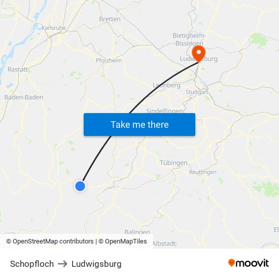 Schopfloch to Ludwigsburg map