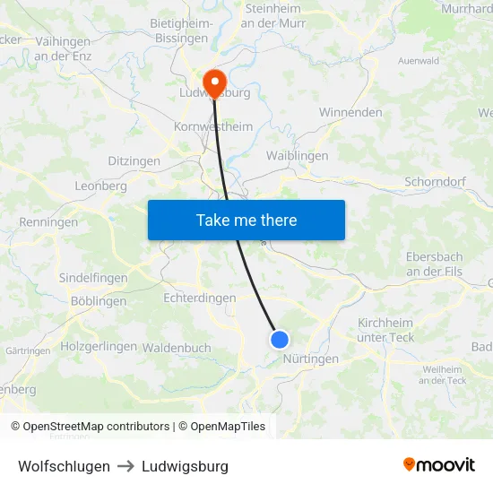 Wolfschlugen to Ludwigsburg map