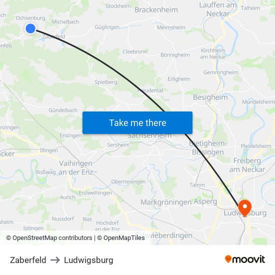 Zaberfeld to Ludwigsburg map