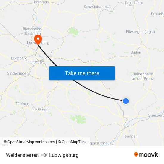 Weidenstetten to Ludwigsburg map