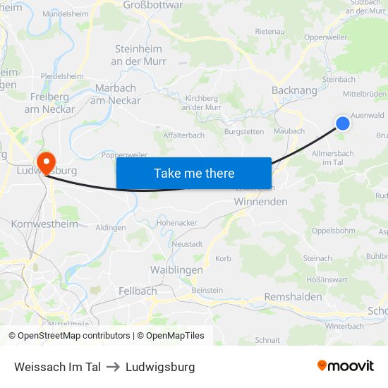 Weissach Im Tal to Ludwigsburg map