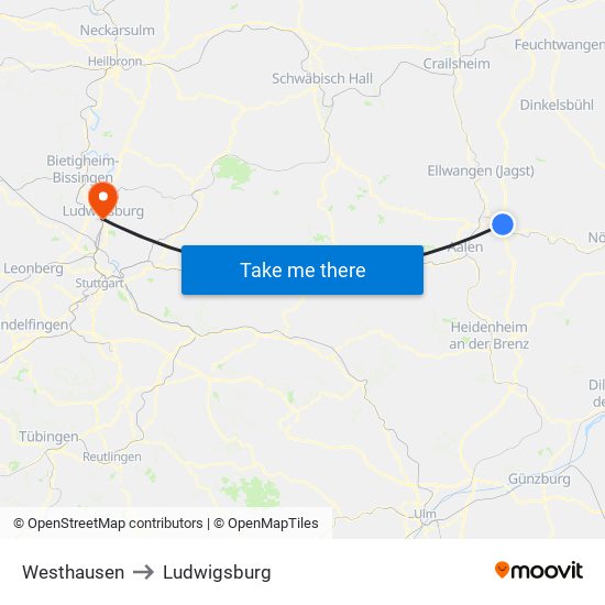 Westhausen to Ludwigsburg map