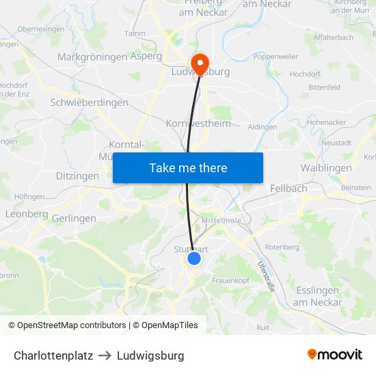 Charlottenplatz to Ludwigsburg map