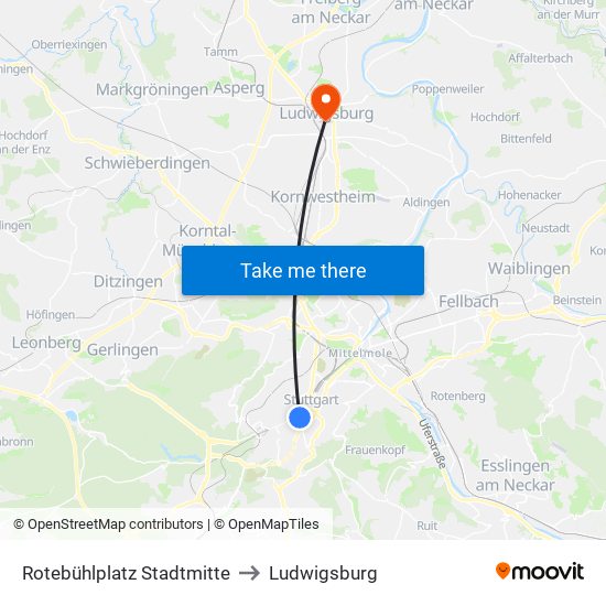 Rotebühlplatz Stadtmitte to Ludwigsburg map
