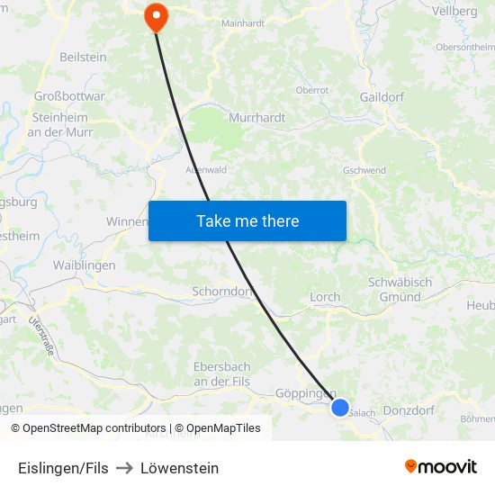 Eislingen/Fils to Löwenstein map