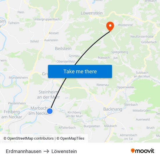 Erdmannhausen to Löwenstein map