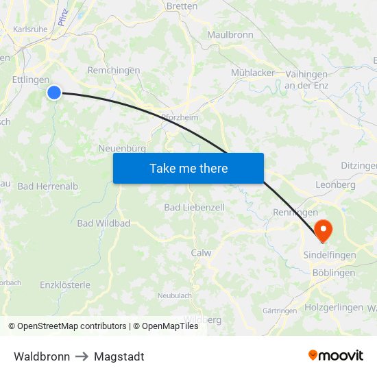 Waldbronn to Magstadt map