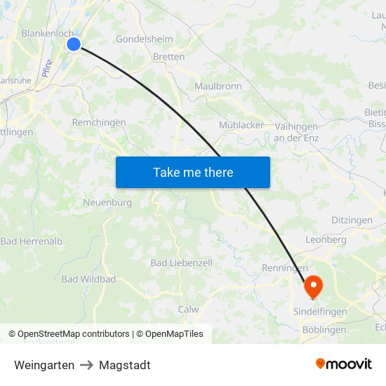 Weingarten to Magstadt map