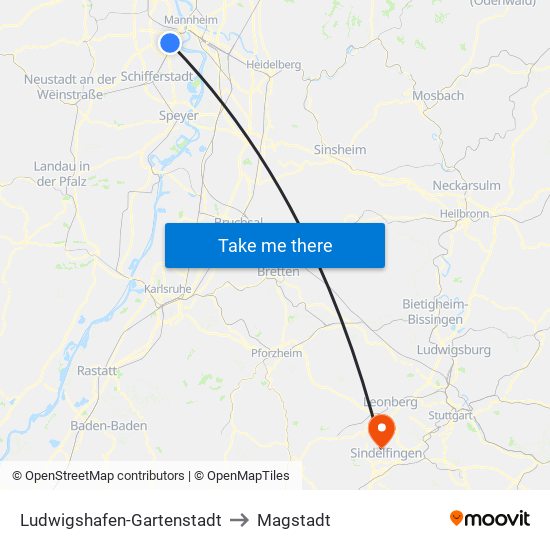 Ludwigshafen-Gartenstadt to Magstadt map