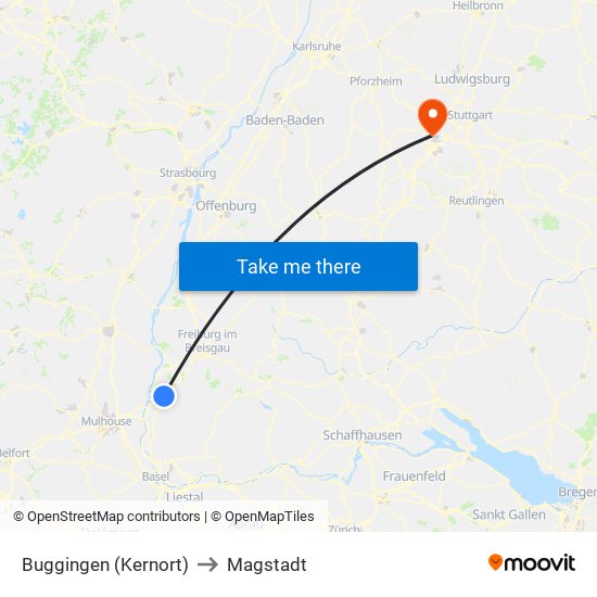 Buggingen (Kernort) to Magstadt map