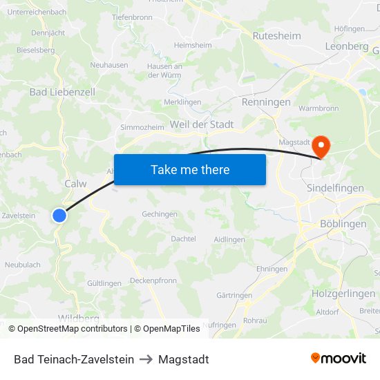 Bad Teinach-Zavelstein to Magstadt map