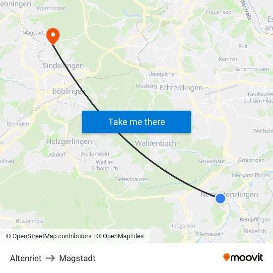 Altenriet to Magstadt map