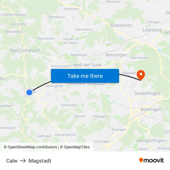 Calw to Magstadt map