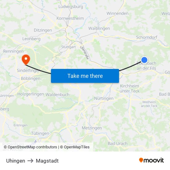 Uhingen to Magstadt map