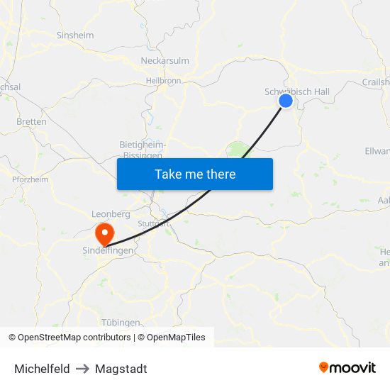 Michelfeld to Magstadt map